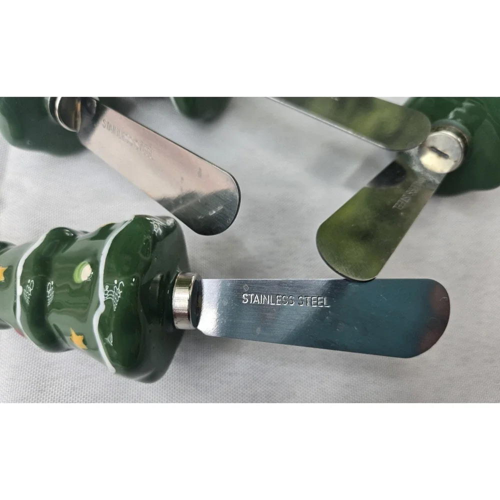 Christmas Tree Ceramic Handle STAINLESS STEEL Cheese Spreaders 4pc Set